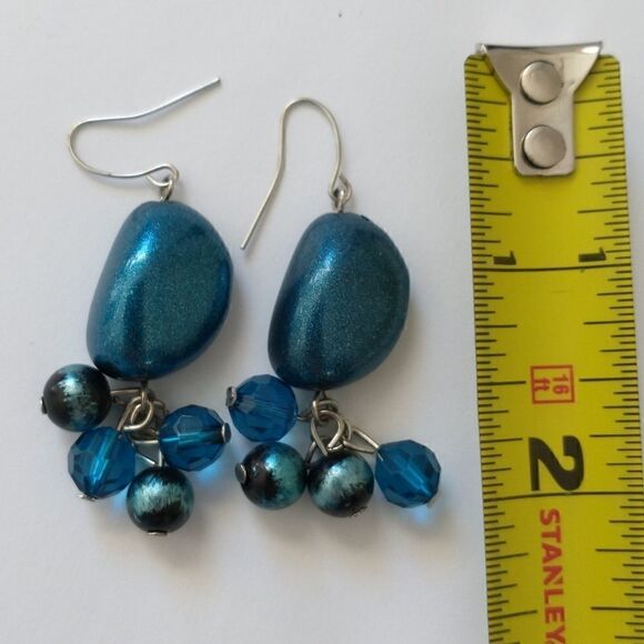Teardrop Beaded Earrings Dangle Silver Metallic Blue Tone Boho Gypsy Beachy Con - Picture 2 of 15